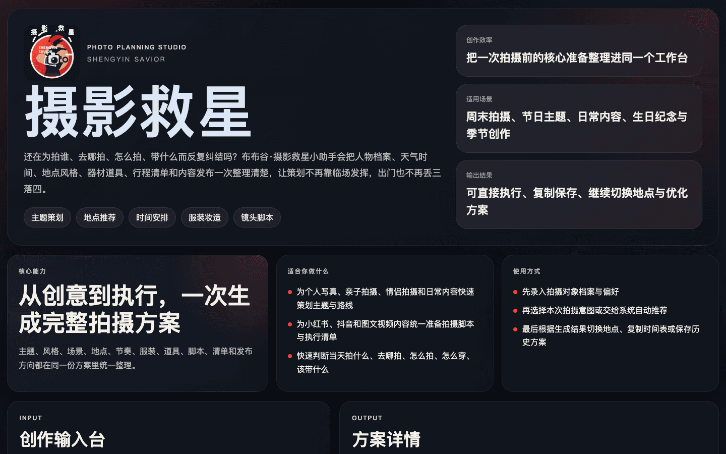摄影救星｜AI 摄影策划工作台真实主界面